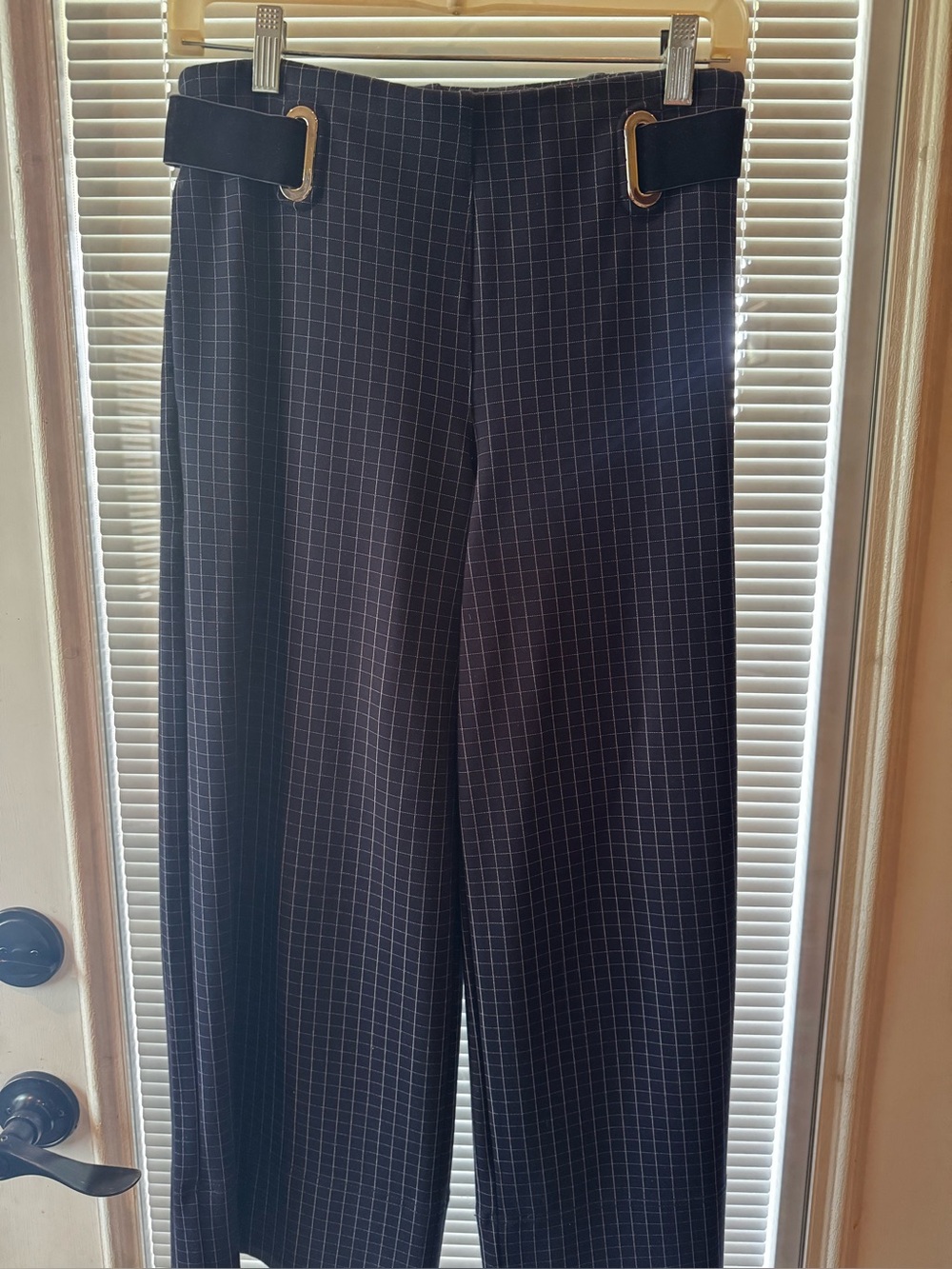 Woman’s Betabrand Navy Windowpane Dress Pants with Velvet Side Buckles